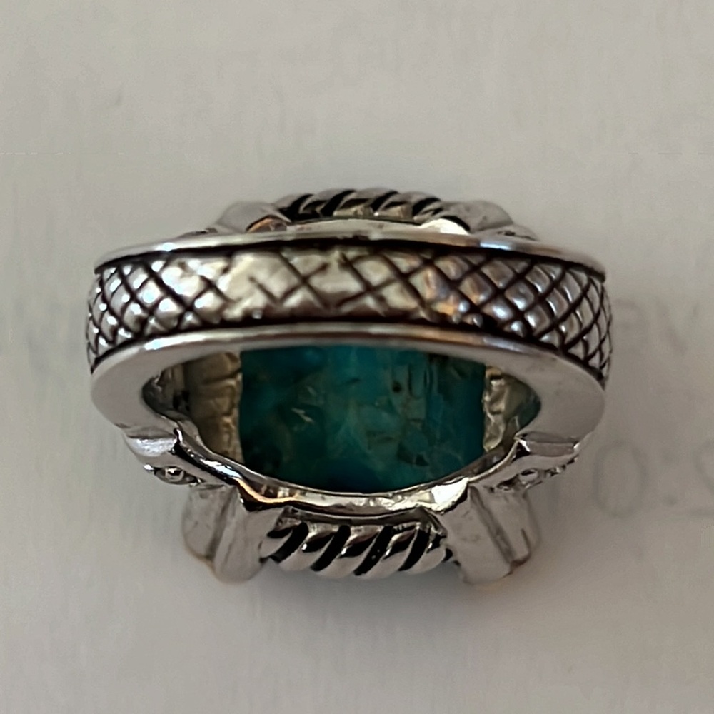 Lovely Checkerboard Faceted Turquoise Ring CZ Sterling Silver Ring Sz.7 - Picture 5 of 11